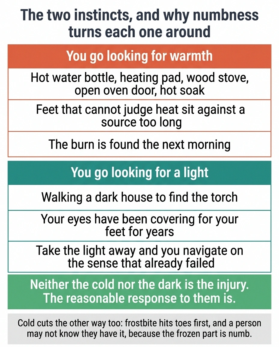 Two-column graphic on why seeking warmth and light are risky with numb feet
