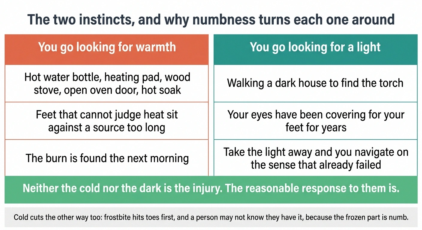 Two-column graphic on why seeking warmth and light are risky with numb feet