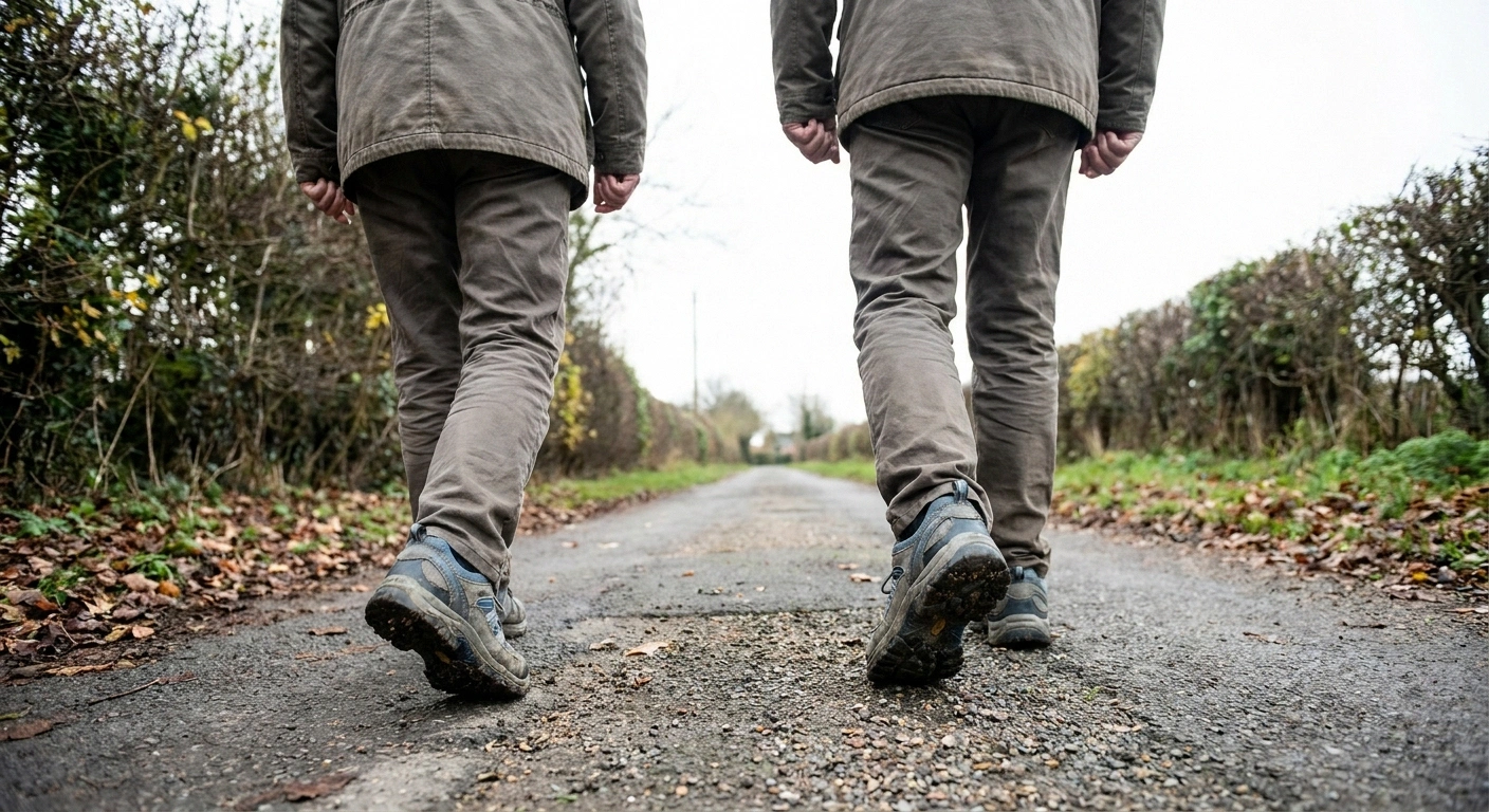 Older adult walking on a neighbourhood path in supportive walking shoes