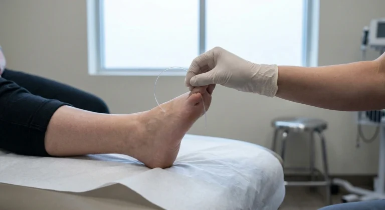 Monofilament sensation test pressed against the ball of a bare foot