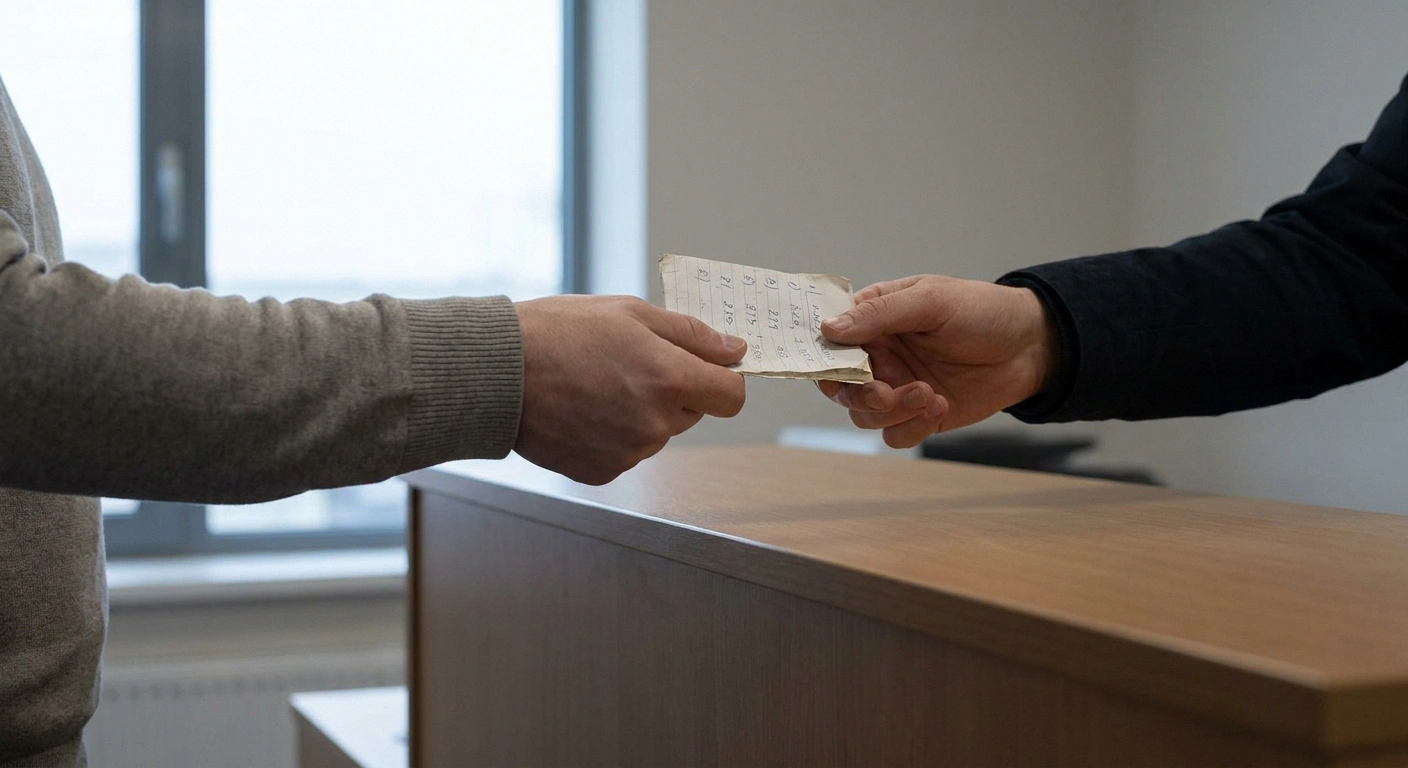A handwritten numbered list of blood tests being handed across a desk