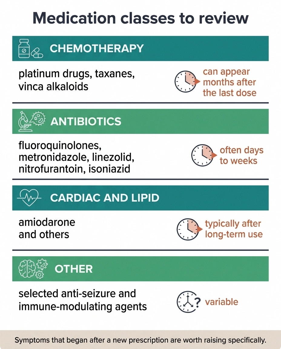 Four-quadrant chart of medication classes linked to nerve damage