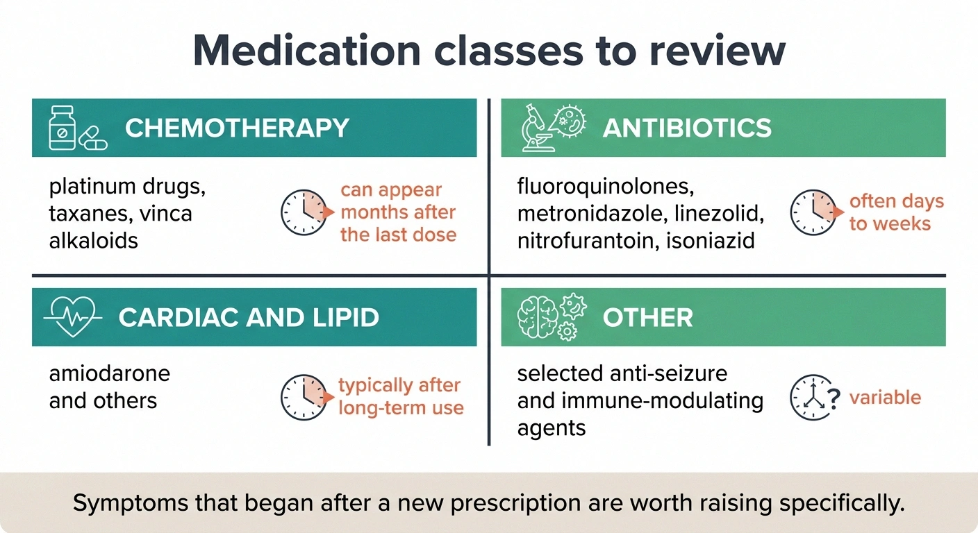 Four-quadrant chart of medication classes linked to nerve damage