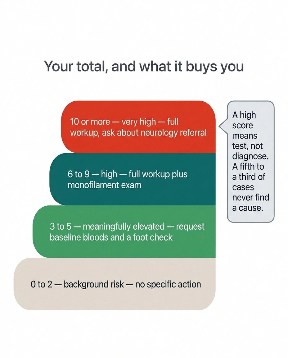 Four-band neuropathy risk scoring ladder with recommended action per band