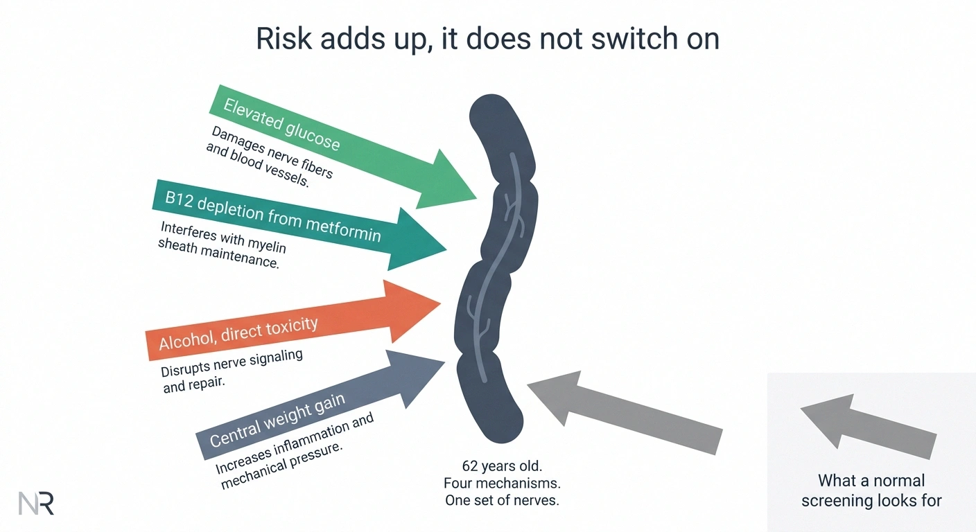 Four risk mechanisms converging on a single nerve fiber diagram