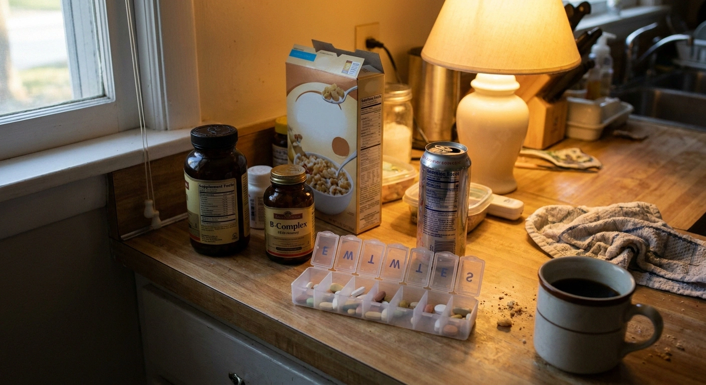 Everyday supplements and fortified foods grouped on a kitchen counter