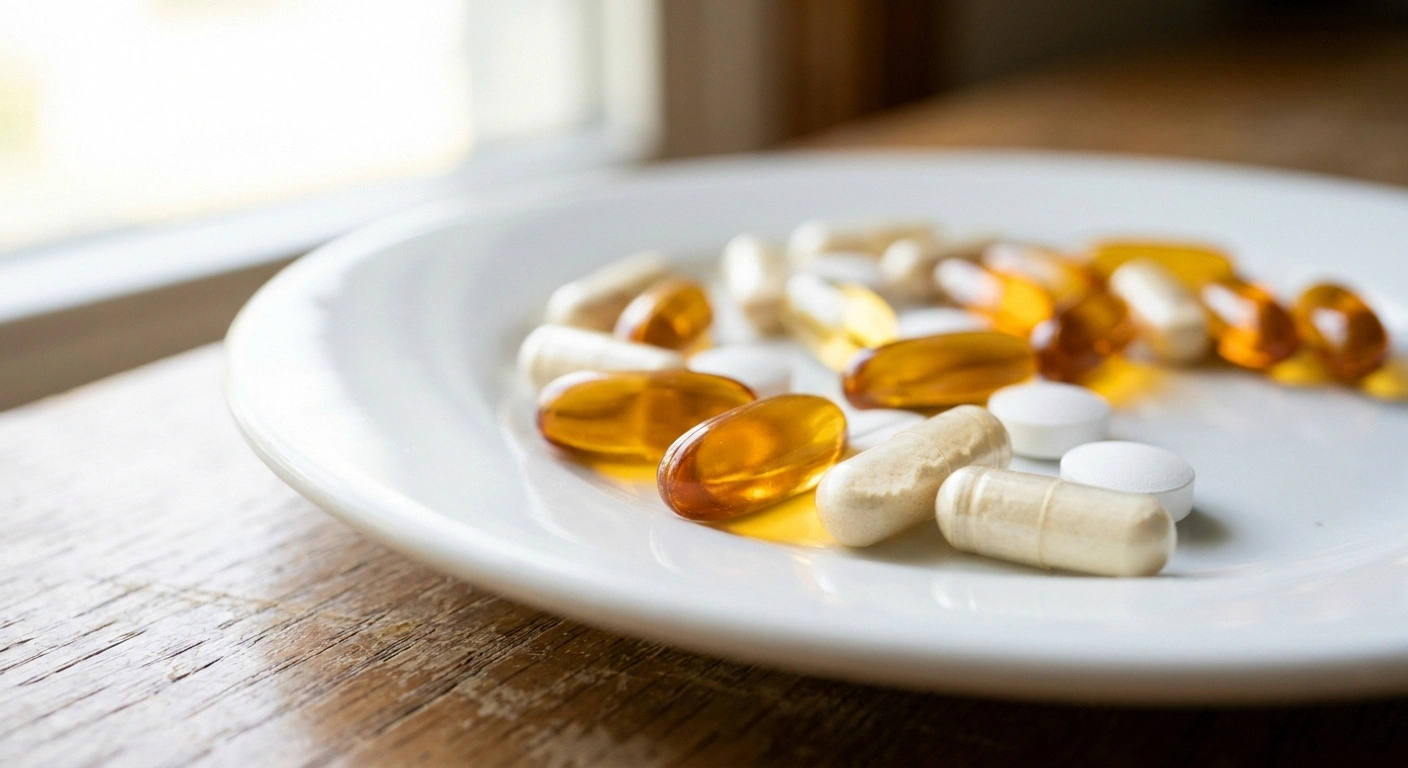 Macro photograph of assorted loose capsules and amber softgels on a white ceramic plate
