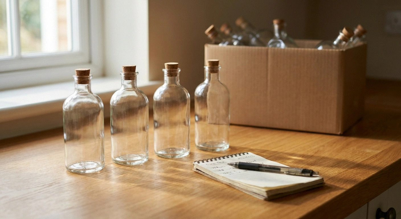 Four unlabelled bottles in a neat row beside a notebook, discarded bottles blurred behind