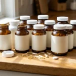 A dozen unlabelled supplement bottles crowded on a wooden kitchen counter in morning light