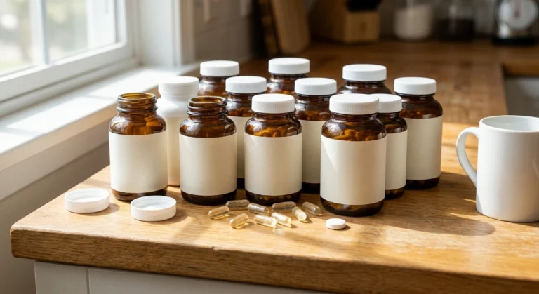 A dozen unlabelled supplement bottles crowded on a wooden kitchen counter in morning light