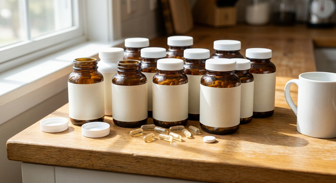 A dozen unlabelled supplement bottles crowded on a wooden kitchen counter in morning light