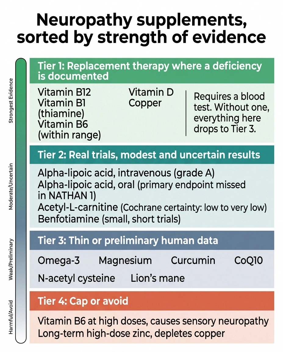 Four-tier chart sorting neuropathy supplements by strength of evidence from replacement to harmful