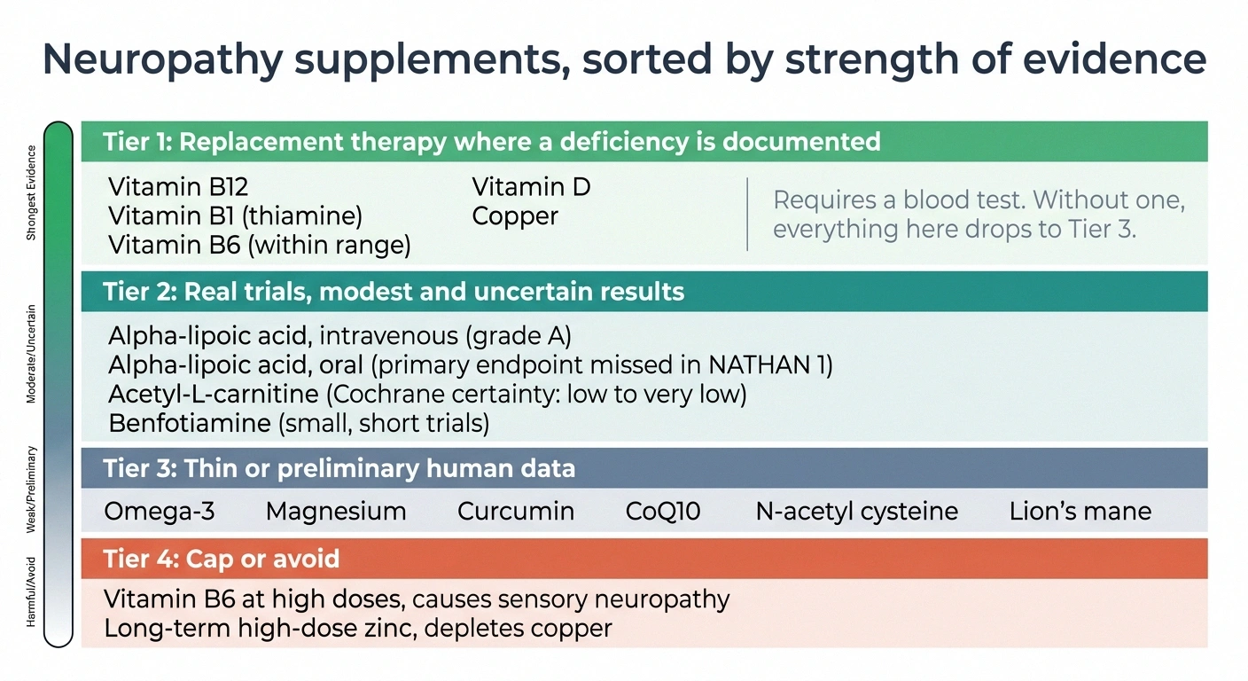 Four-tier chart sorting neuropathy supplements by strength of evidence from replacement to harmful