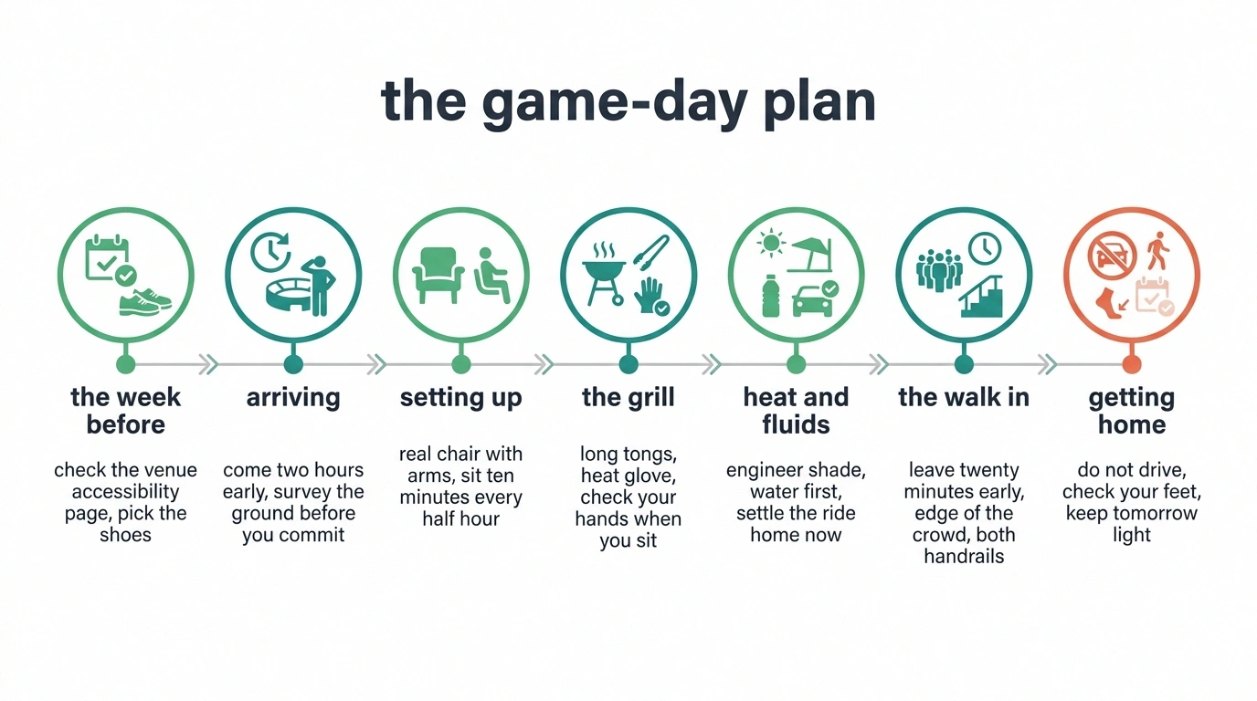 Seven-stage timeline of a tailgating plan from the week before to getting home.