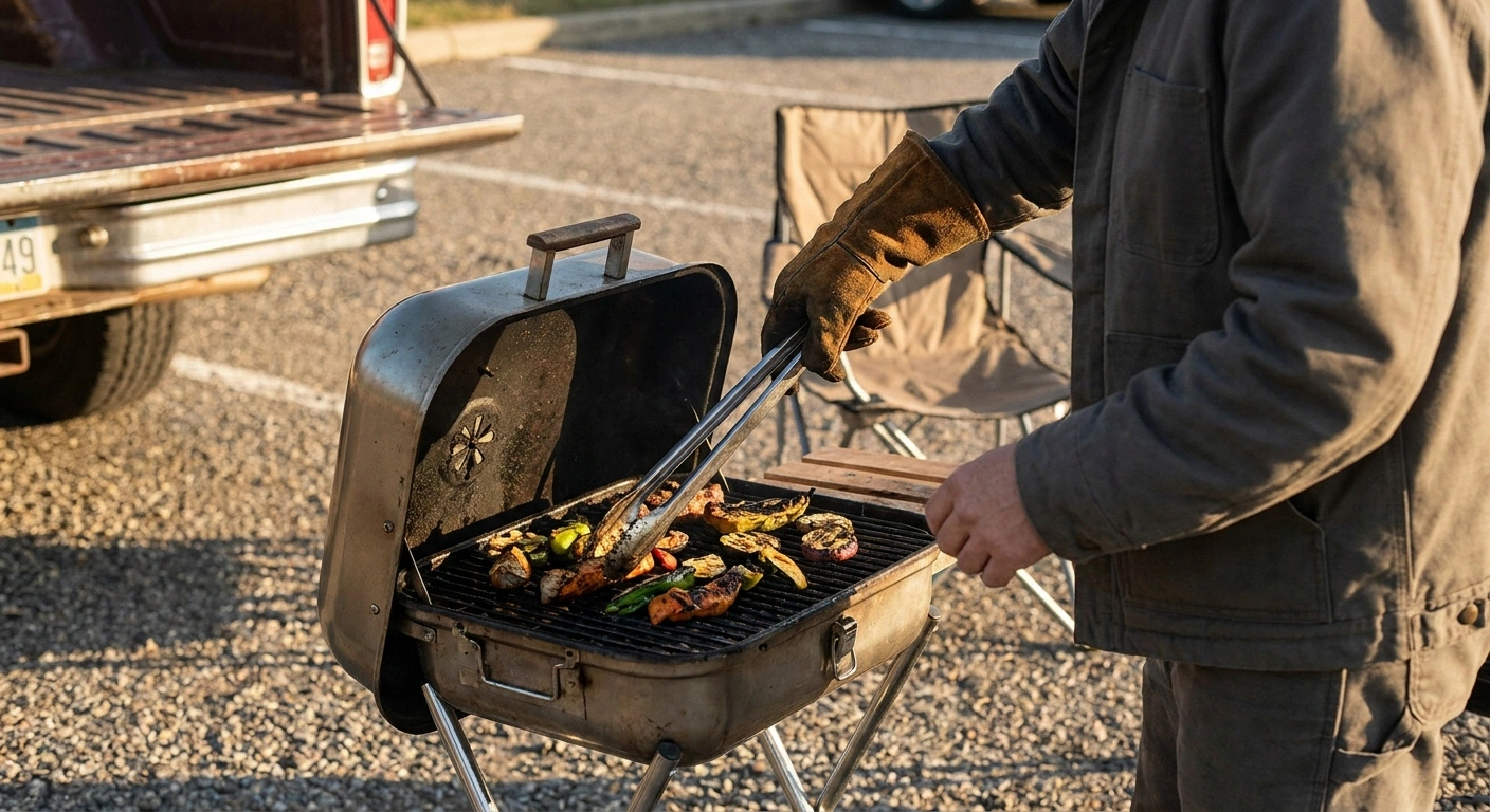 Gloved hands using long tongs at a portable grill in a parking lot.