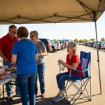 Friends laughing around a folding table and chairs at a stadium tailgate.