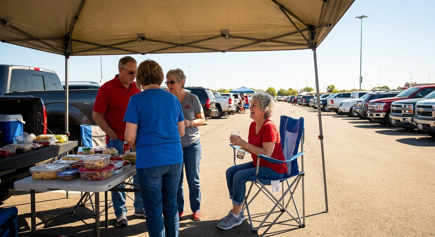 Friends laughing around a folding table and chairs at a stadium tailgate.
