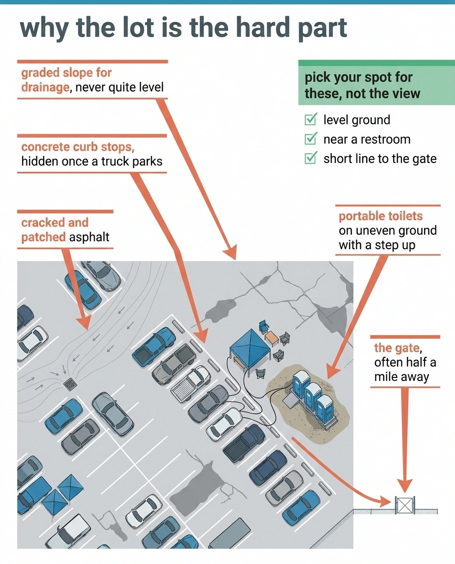 Overhead diagram labeling six parking lot hazards for people with neuropathy.