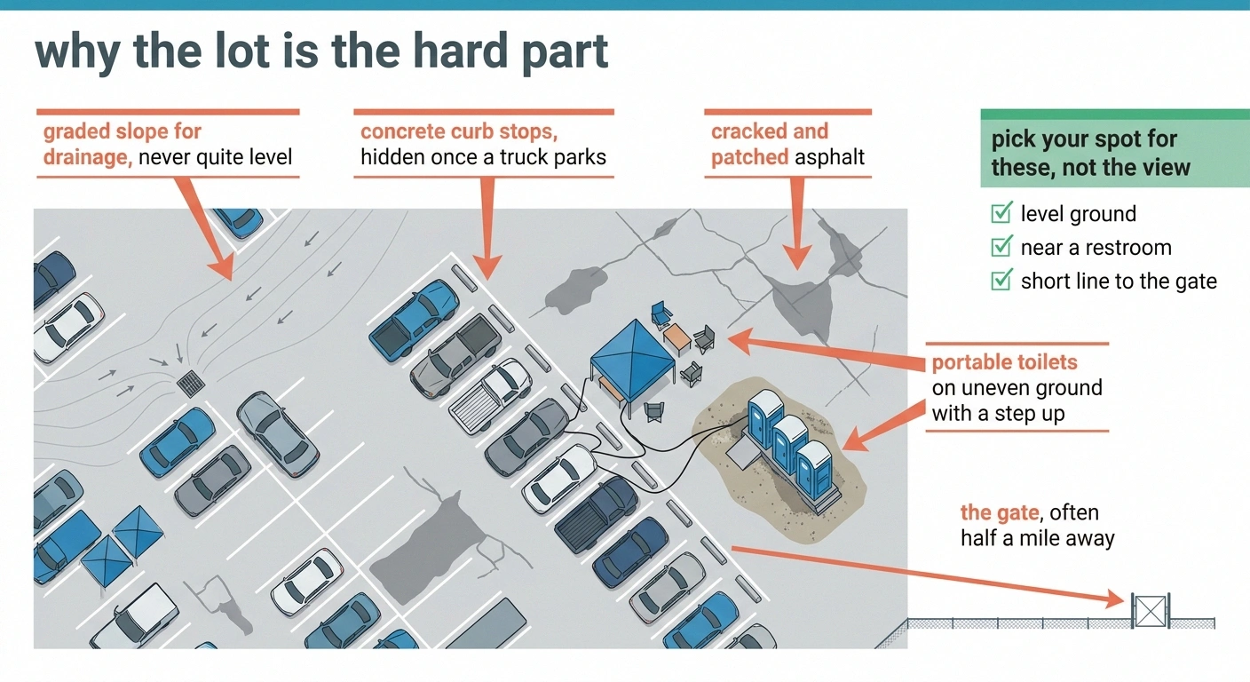 Overhead diagram labeling six parking lot hazards for people with neuropathy.