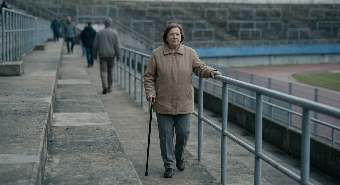 Woman with a cane using the handrail on a stadium ramp beside other walkers.