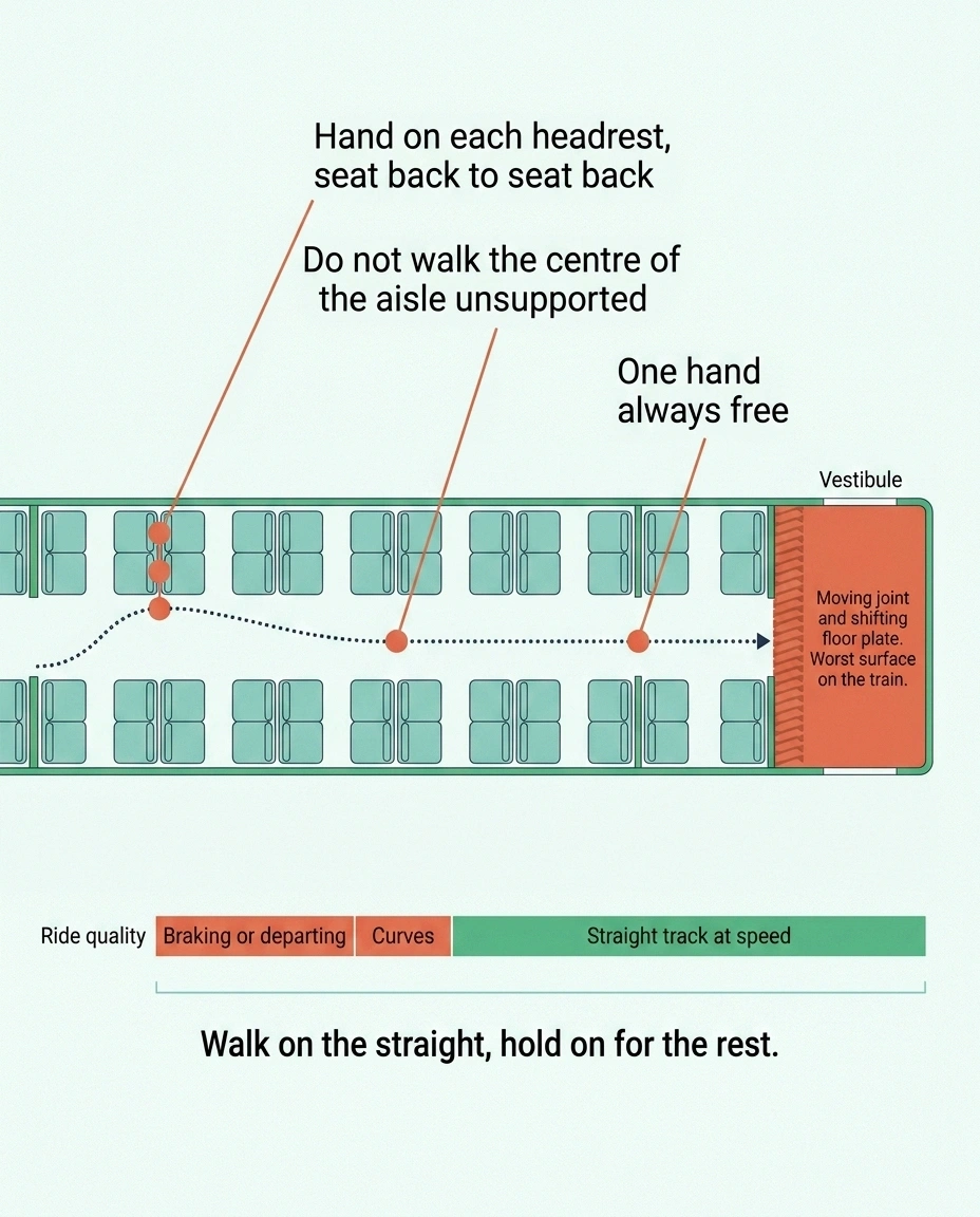 Overhead diagram of a train aisle showing safe handholds and the vestibule hazard