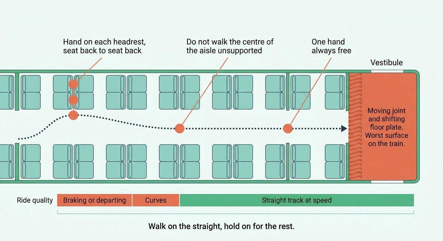 Overhead diagram of a train aisle showing safe handholds and the vestibule hazard
