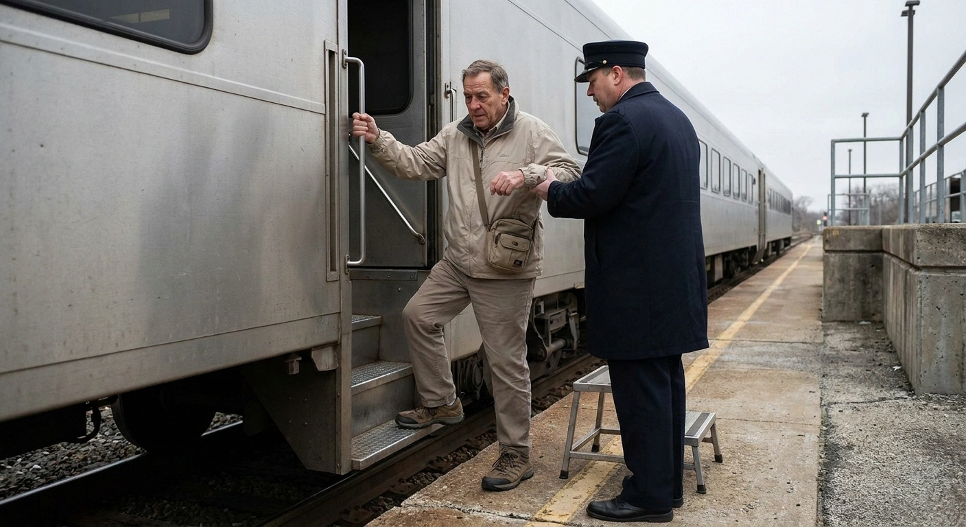Older man climbing train boarding steps with a conductor steadying him