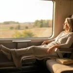 Older woman reclined in a train seat with feet on a footrest