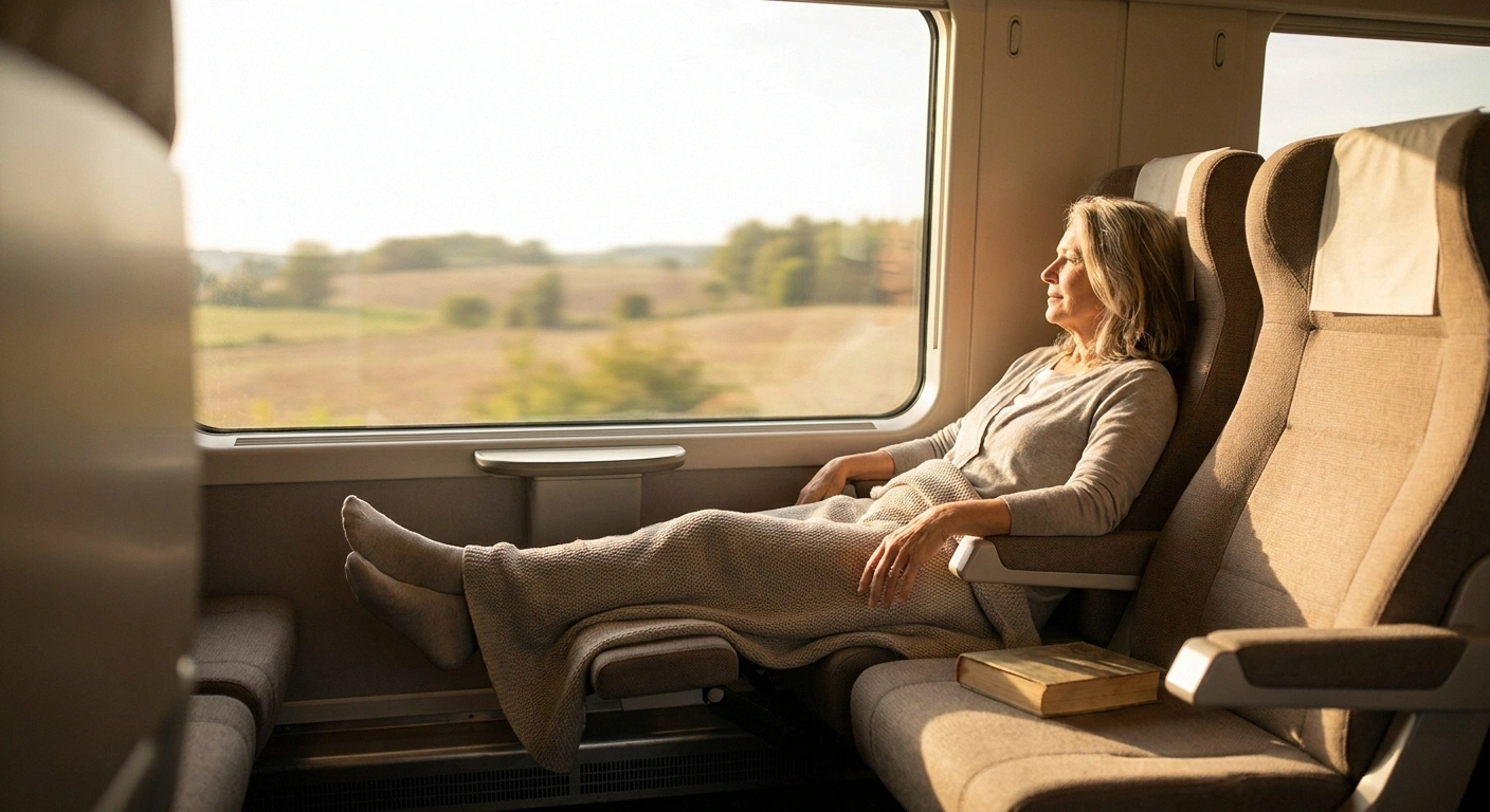 Older woman reclined in a train seat with feet on a footrest