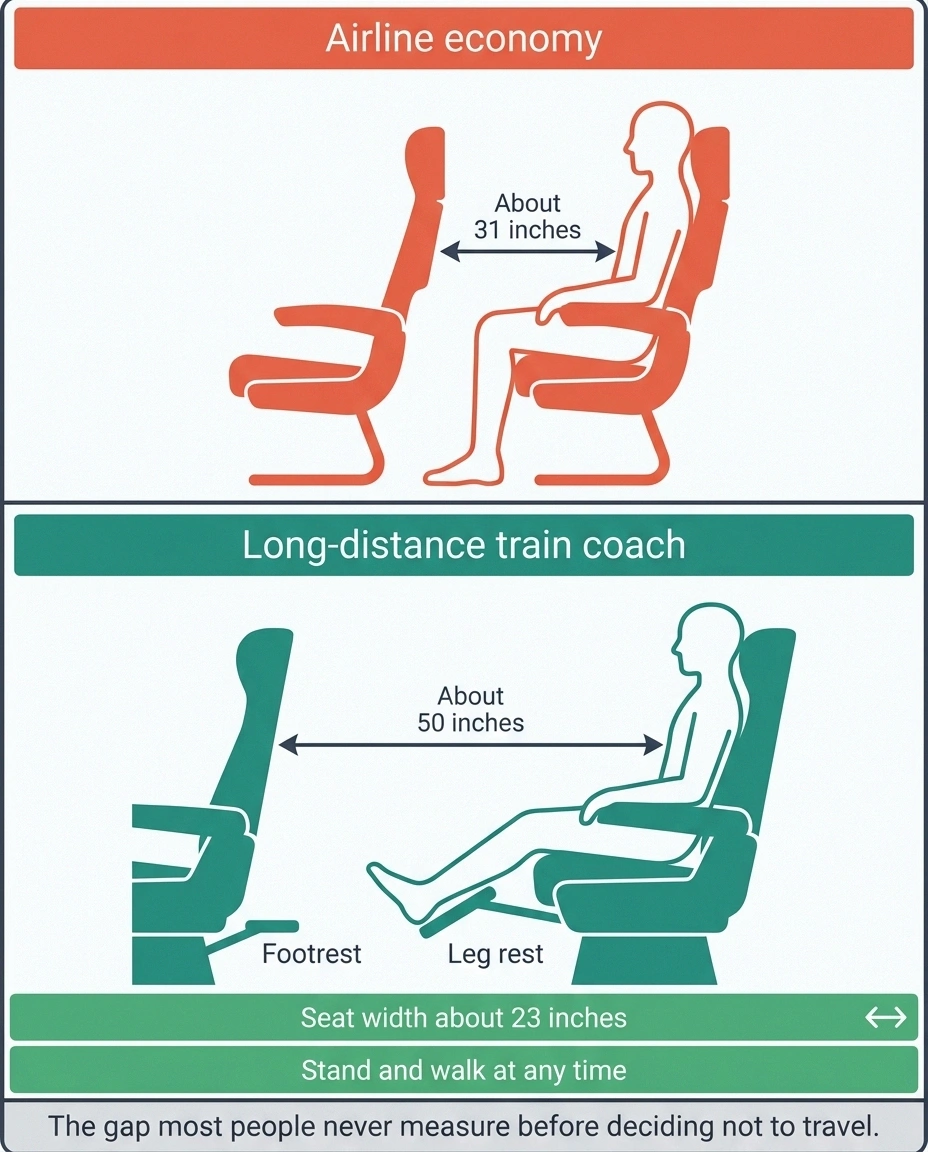 Scale comparison of airline economy legroom against long-distance train coach legroom