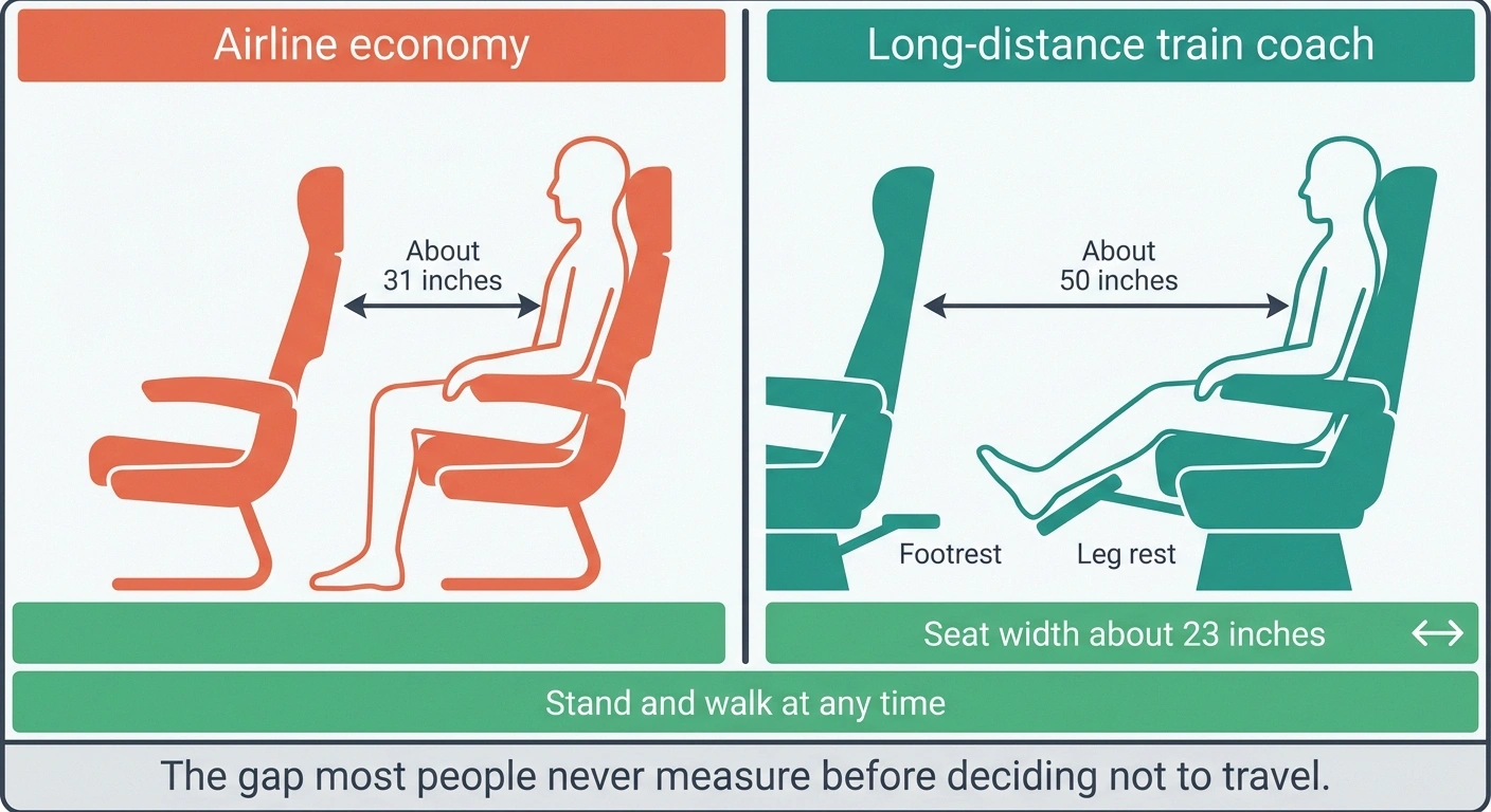 Scale comparison of airline economy legroom against long-distance train coach legroom