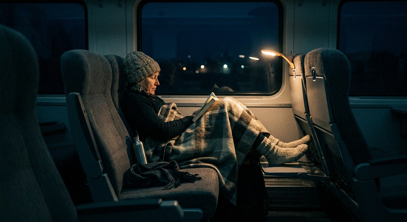 Woman under a blanket in a reclined train seat with a reading light