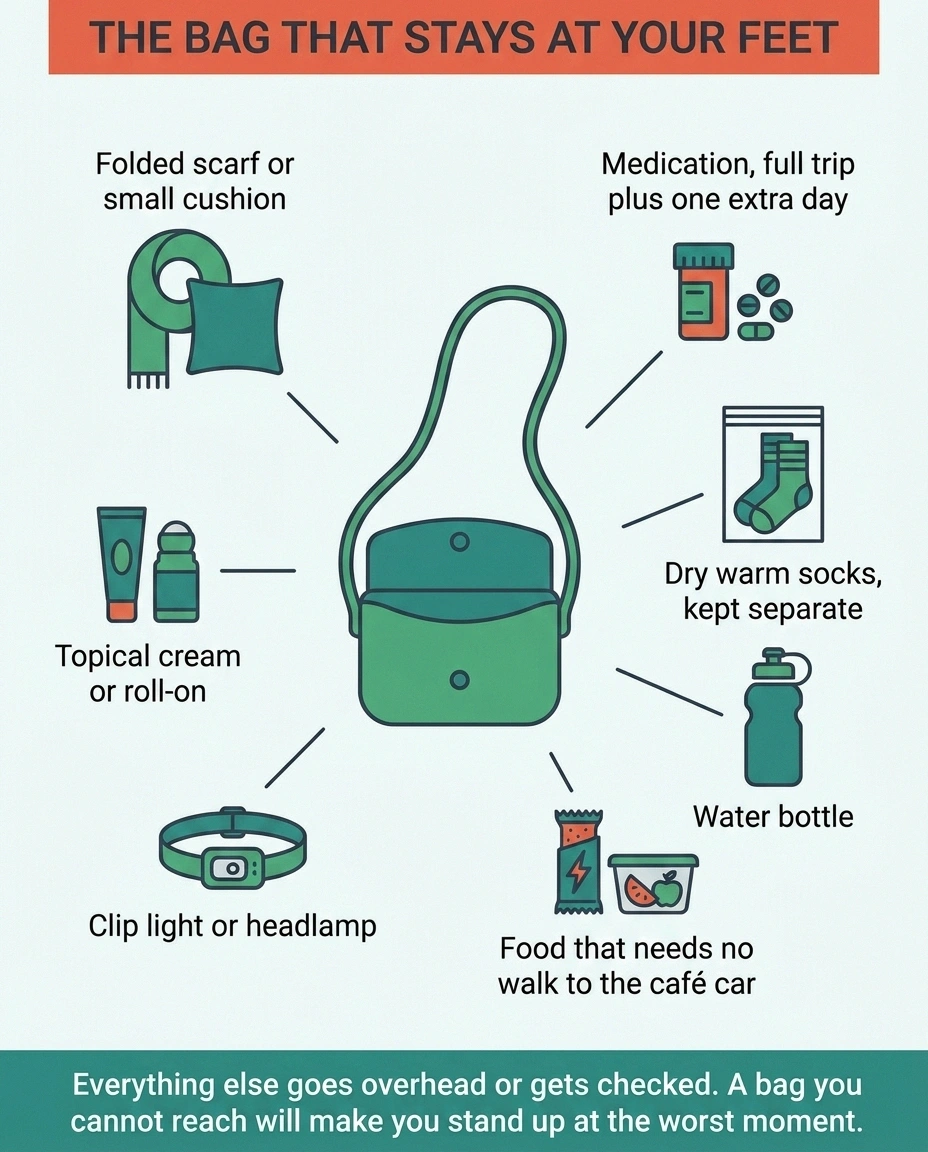 Flat-lay diagram of what to keep in the bag at your feet