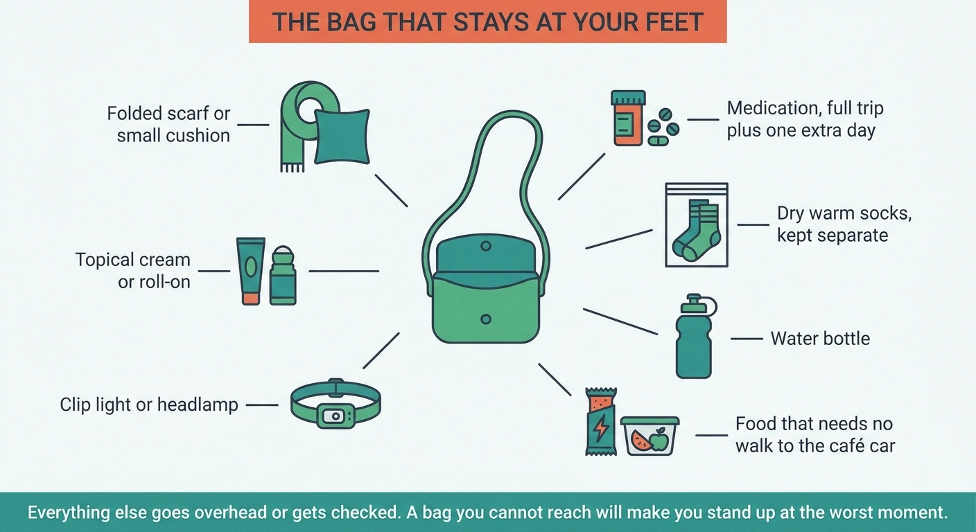 Flat-lay diagram of what to keep in the bag at your feet