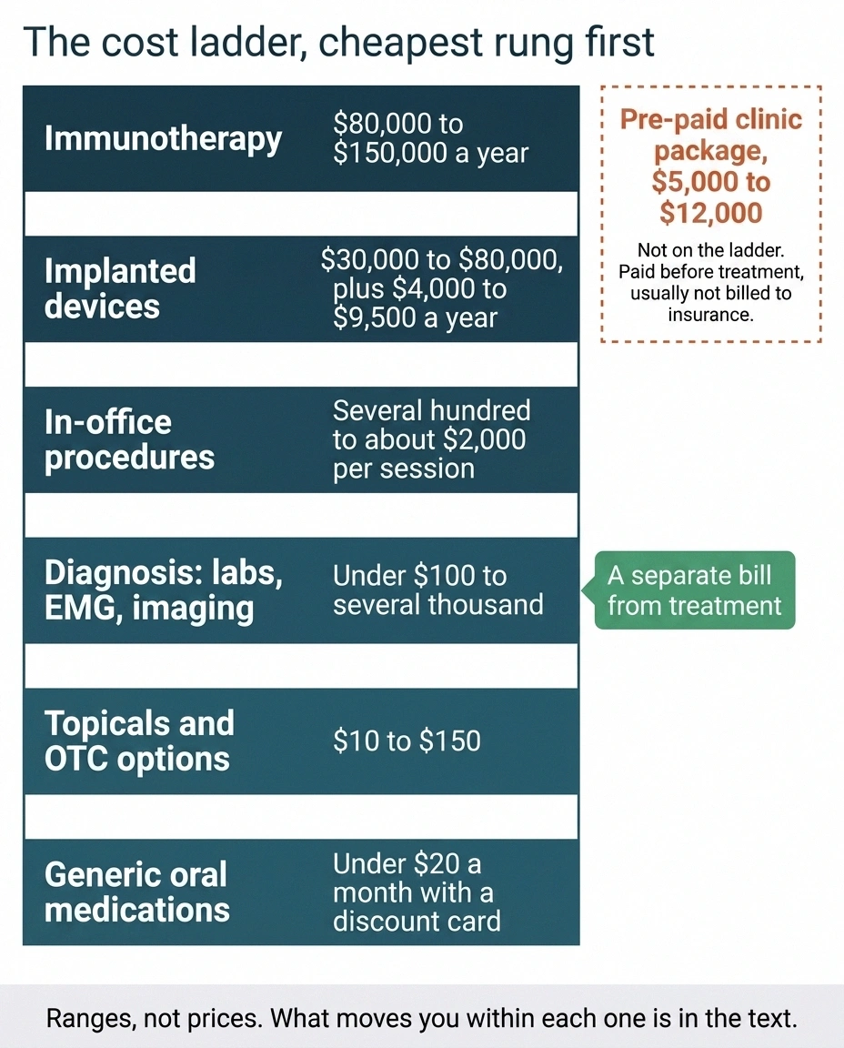 A six-rung cost ladder from generic medications to immunotherapy, with pre-paid clinic packages set apart
