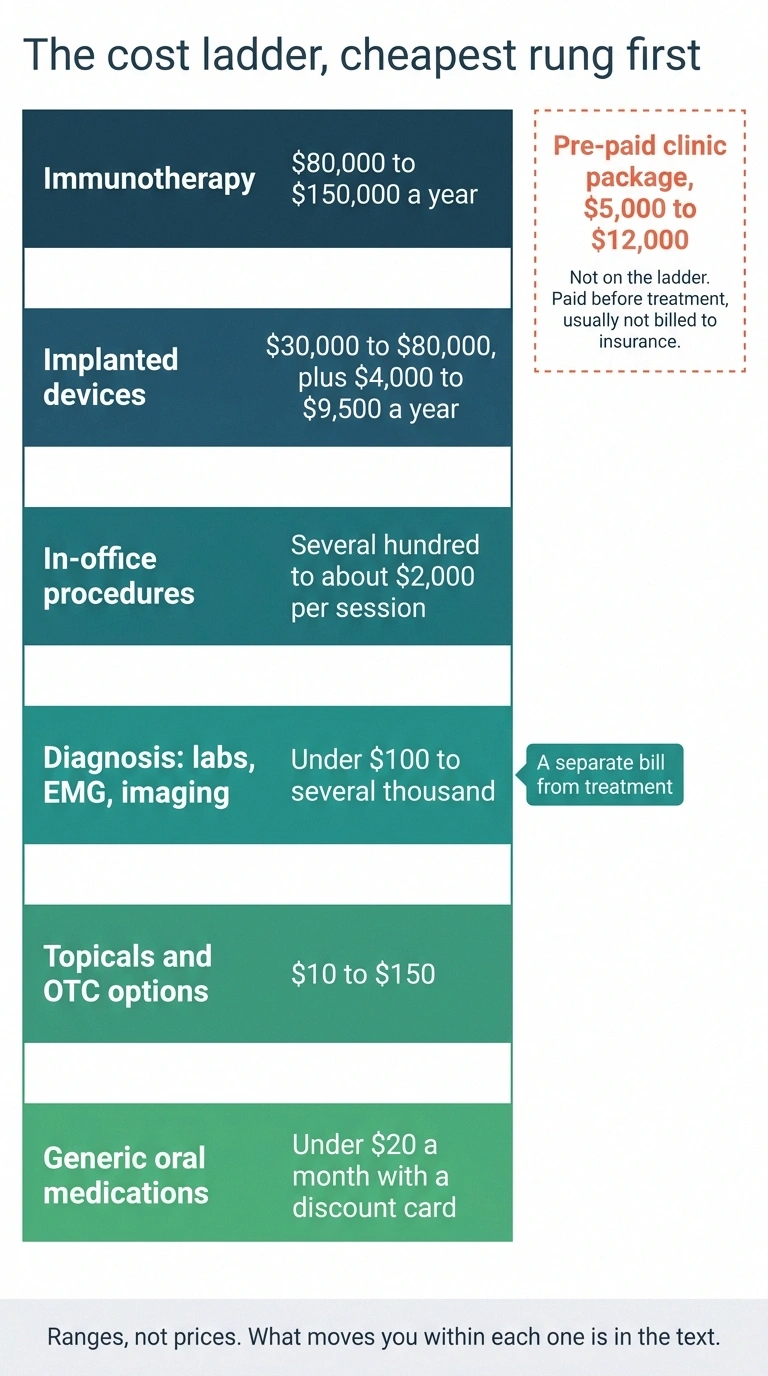 A six-rung cost ladder from generic medications to immunotherapy, with pre-paid clinic packages set apart