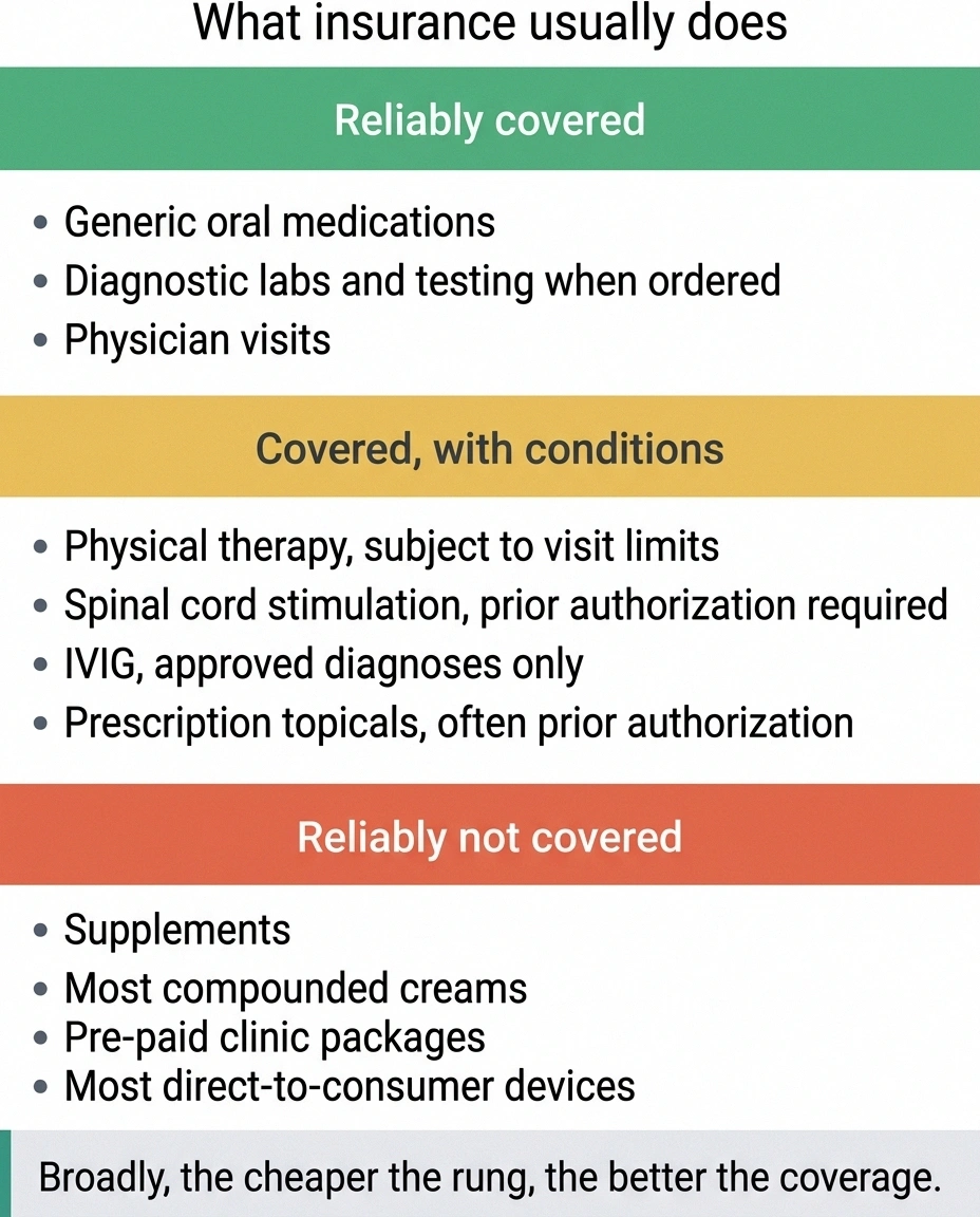 Three columns sorting neuropathy treatments into reliably covered, covered with conditions, and not covered