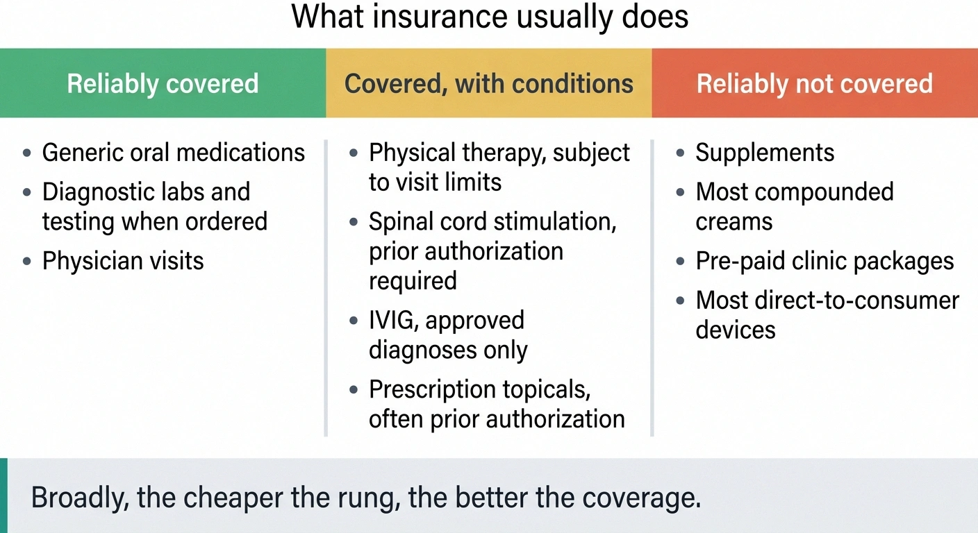 Three columns sorting neuropathy treatments into reliably covered, covered with conditions, and not covered