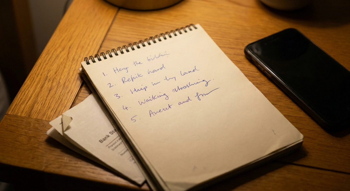 A handwritten numbered list on a notepad beside a face-down phone on a wooden table