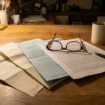 Folded medical billing statements spread on a wooden kitchen table under warm lamplight