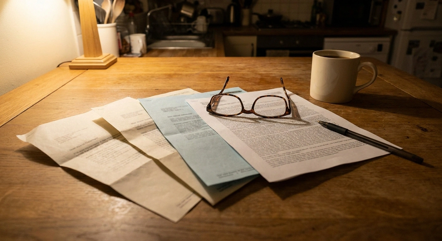 Folded medical billing statements spread on a wooden kitchen table under warm lamplight