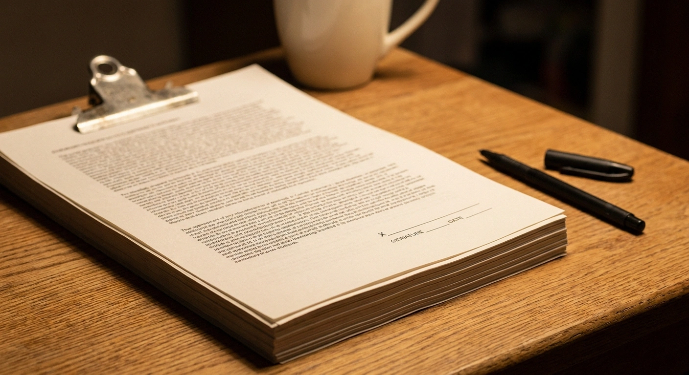 An unsigned multi-page treatment agreement with a blank signature line and an uncapped pen