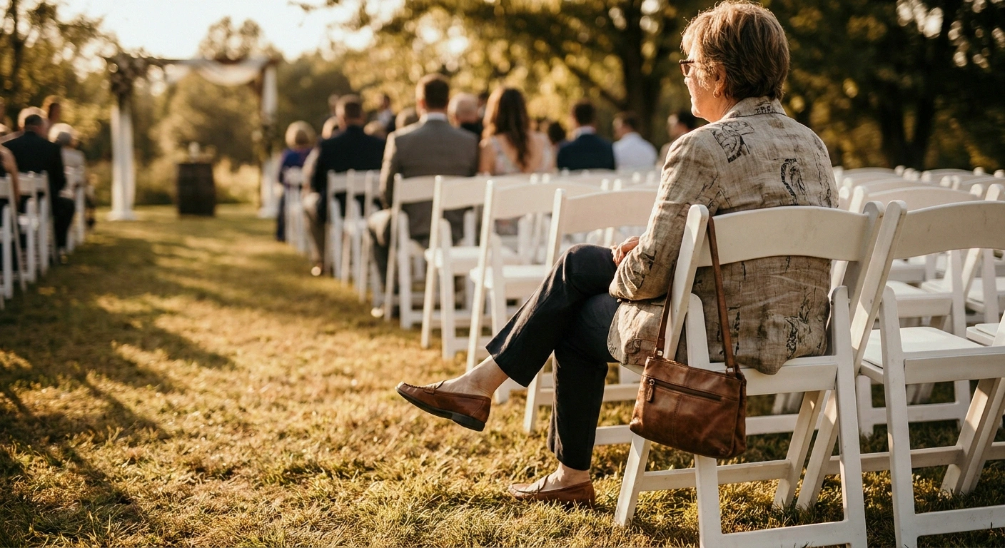 Woman seated at the end of a row at an outdoor ceremony.