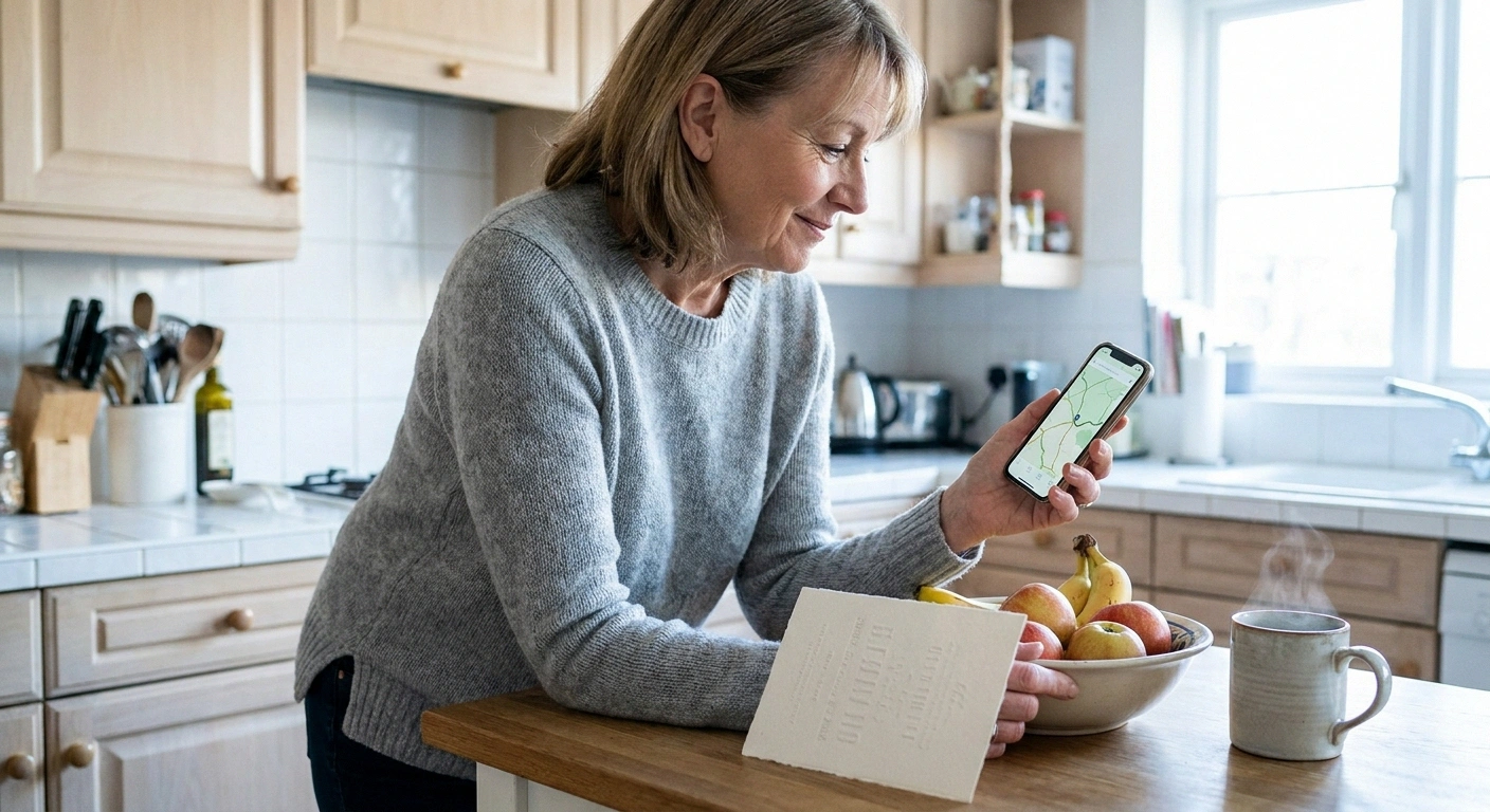 Woman checking a map on her phone beside a wedding invitation.