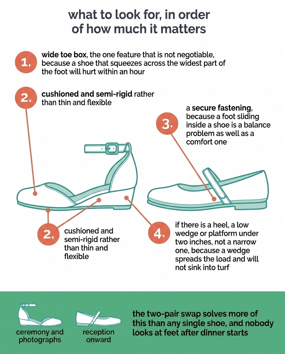 Annotated diagram of dress shoe features for neuropathy, ranked by importance.