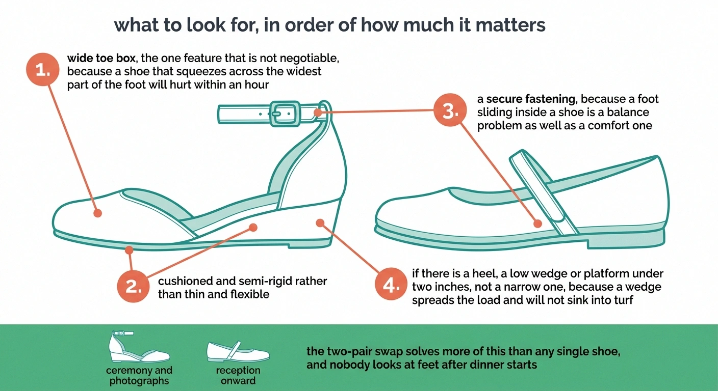 Annotated diagram of dress shoe features for neuropathy, ranked by importance.
