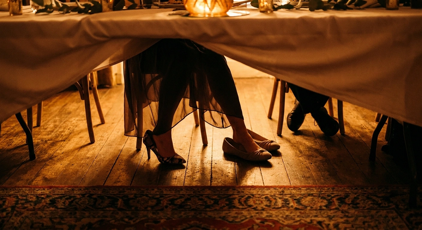 Feet changing from a dress shoe into a cushioned pair beneath a reception table.