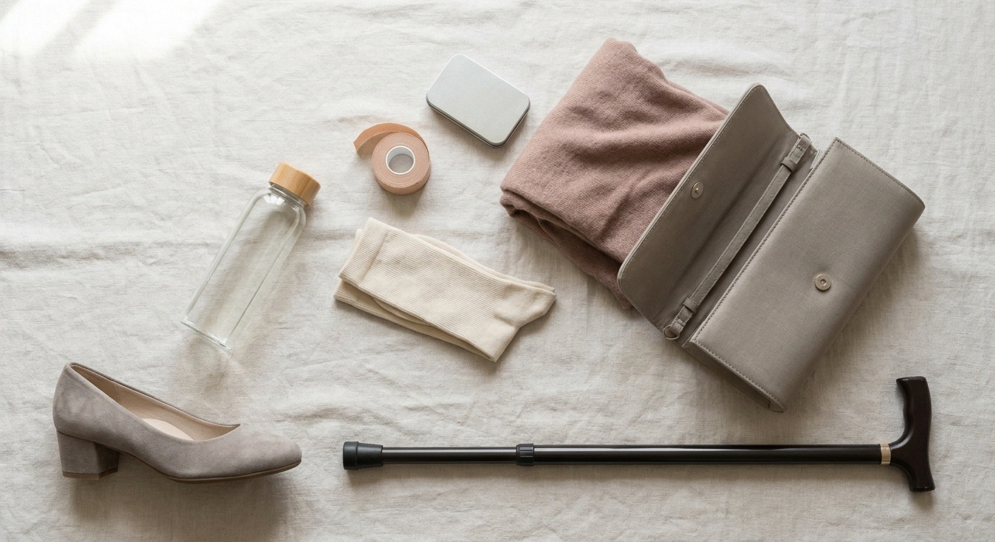 Flat-lay of a clutch bag, wrap, compression socks and folding cane.