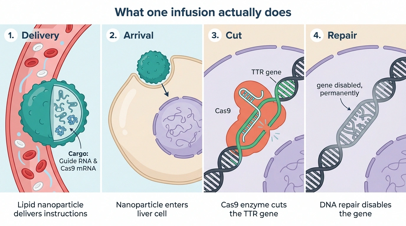 Four-panel diagram of CRISPR delivery, cutting and disabling the TTR gene