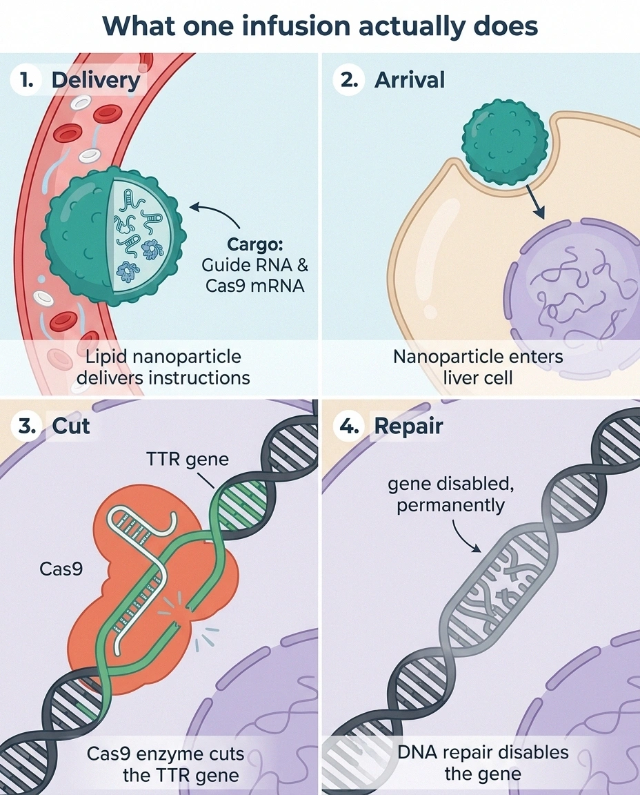 Four-panel diagram of CRISPR delivery, cutting and disabling the TTR gene